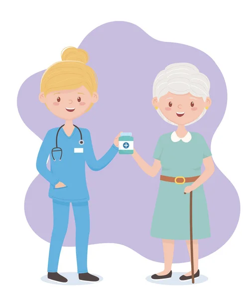 Γυναικεία νοσοκόμα και γιαγιά με μπουκάλι φάρμακο, γιατροί και ηλικιωμένοι — Διανυσματικό Αρχείο