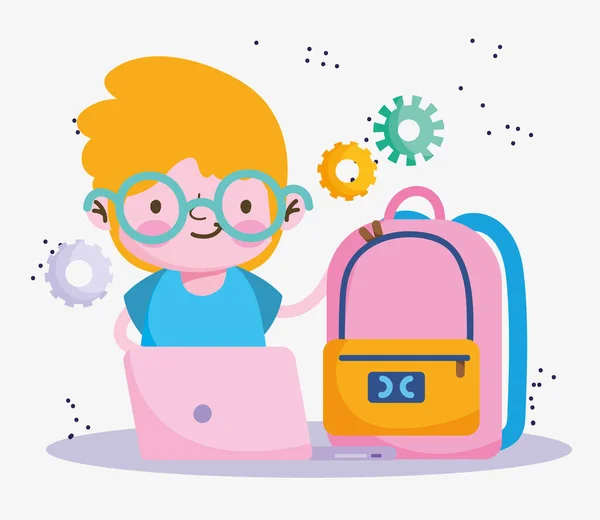 Educação on-line, estudante menino com laptop e mochila desenhos animados —  Vetores de Stock