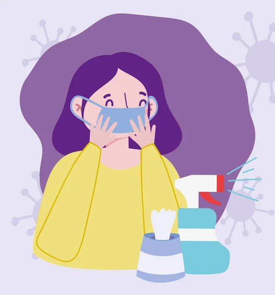 Donna con maschera spray disinfettante e salviette asciutte scatola, covid 19 coronavirus prevenzione pandemica — Vettoriale Stock