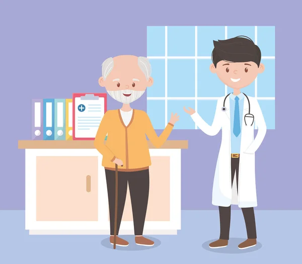 Jeune médecin et vieil homme dans la chambre hôpital, médecins et personnes âgées — Image vectorielle