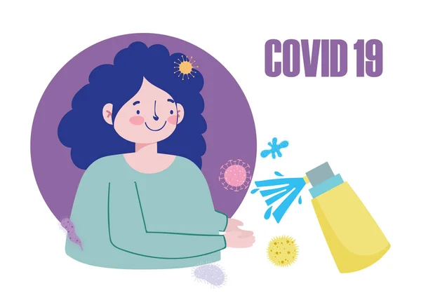 Desenho animado mulher com spray mão desinfetante, covid 19 coronavírus pandemia prevenção — Vetor de Stock