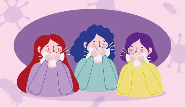 Tos personas que cubren la boca con toallitas secas covid 19 prevención pandemia coronavirus — Vector de stock
