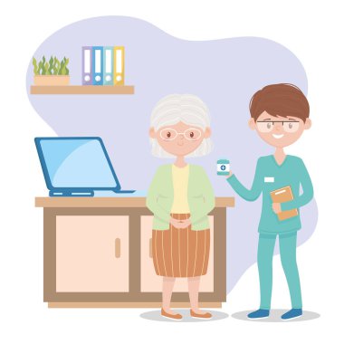 Hemşire yaşlı kadın hasta bakımına, doktorlara ve yaşlılara ilaç veriyor.