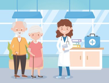 Kadın hekim ve yaşlı çift danışma odasında, doktorlar ve yaşlılar