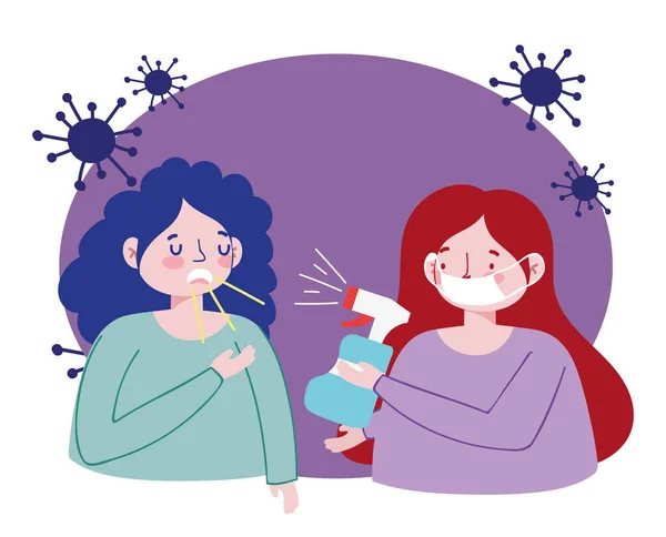 Vrouwen met spray hand desinfecterend middel en hoest, covid 19 coronavirus pandemie preventie — Stockvector