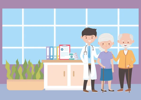 Médecin et grands-parents à l'hôpital, médecins et personnes âgées — Image vectorielle