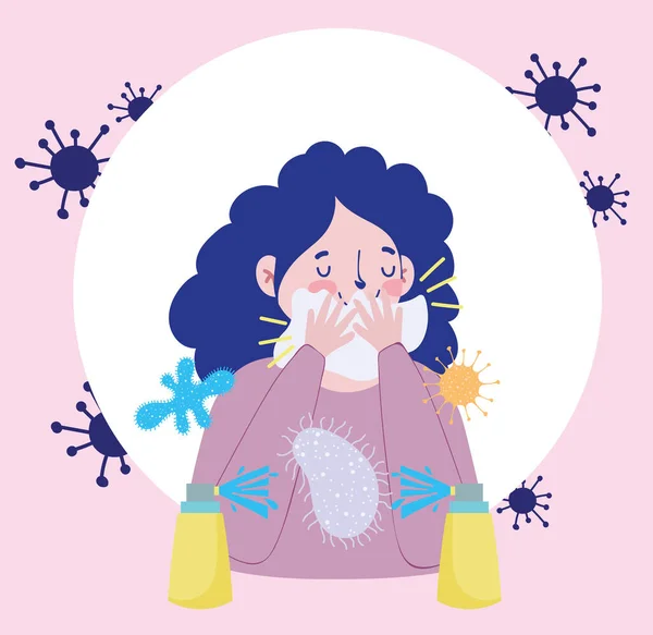 Kadın, karikatür, kovid 19 koronavirüs salgınını önlemek için ağzını kapamaktan kaçınır. — Stok Vektör