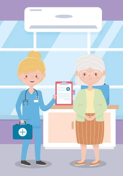 Γιαγιά και νοσοκόμα με κιτ πρώτων βοηθειών ιατρική έκθεση, γιατροί και ηλικιωμένοι — Διανυσματικό Αρχείο