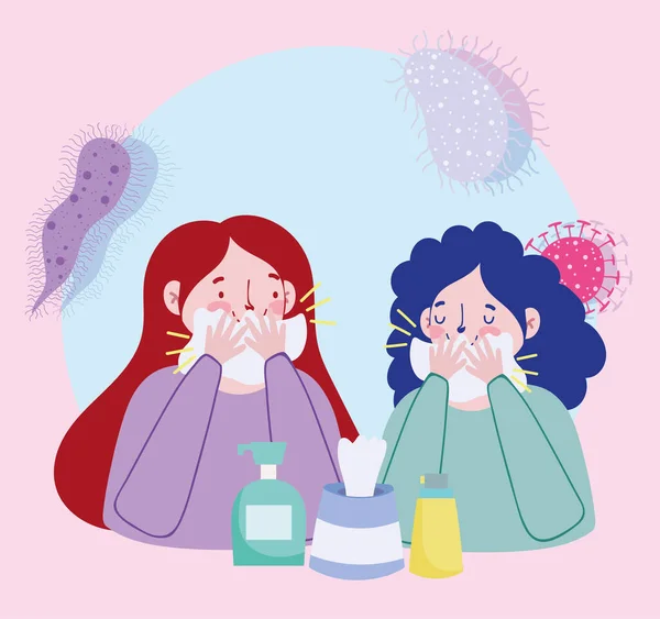 Mulheres que cobrem papel de boca e produtos desinfetantes, covid 19 coronavírus pandemia prevenção — Vetor de Stock