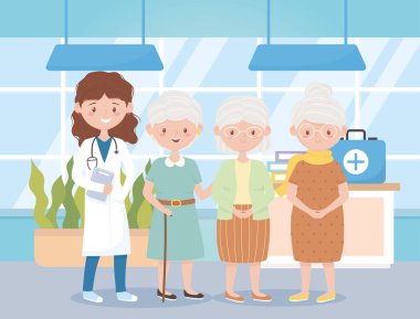 Kadın hekim ve grup büyükanneleri hastanede, doktorlar ve yaşlılar