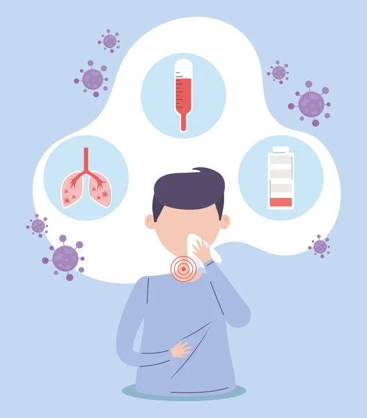 Covid 19 quarentena, sintoma de febre masculina doença respiratória — Vetor de Stock