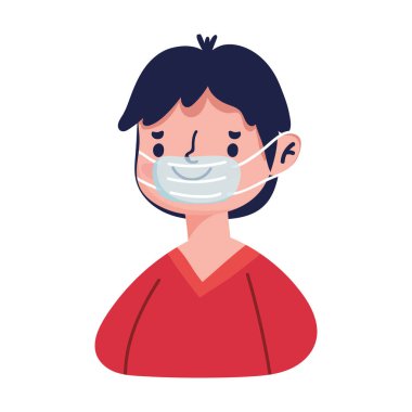 Genç adam karakteri karikatür tıbbi maske covid 19 koruma ikonu