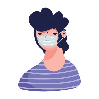 Genç adam karakteri karikatür tıbbi maske covid 19 koruma ikonu
