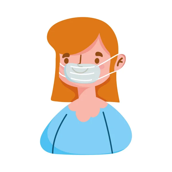 Giovane donna personaggio dei cartoni animati con maschera medica covid 19 icona isolata — Vettoriale Stock