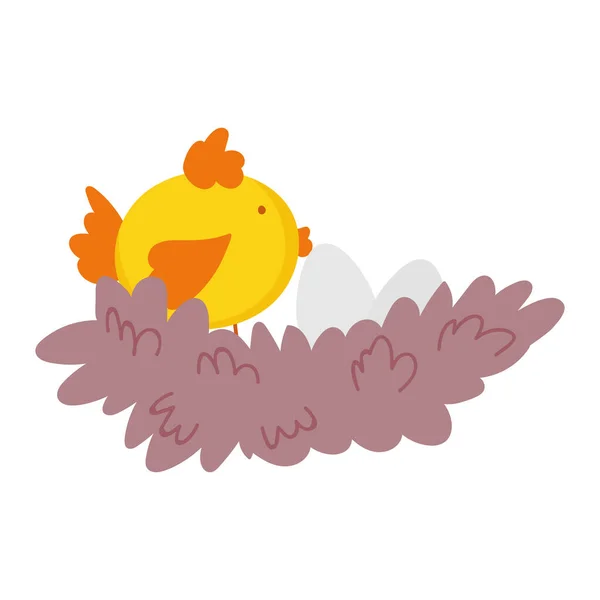 Pollo y huevos en el nido animal de granja aislado icono sobre fondo blanco — Vector de stock