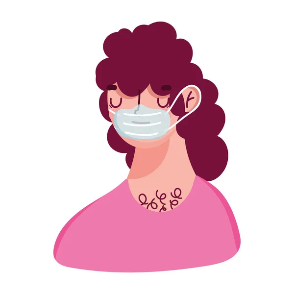 Giovane personaggio cartone animato maschera medica covid 19 protezione isolata icona — Vettoriale Stock