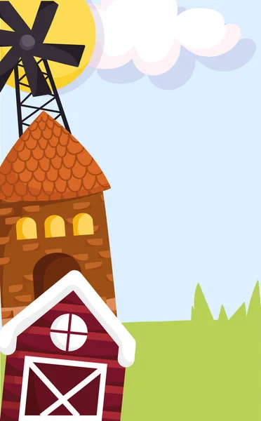 Animaux de ferme moulin à vent maison grange herbe dessin animé — Image vectorielle