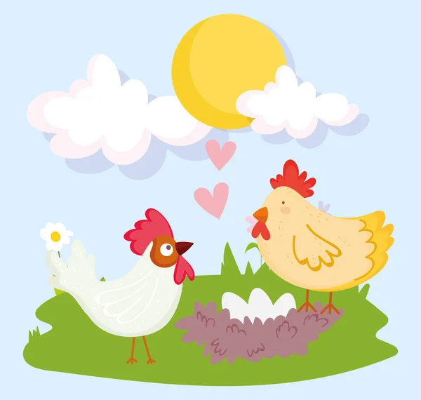 Κοτόπουλα κόκορα και αυγά σε φωλιά κινουμένων σχεδίων — Διανυσματικό Αρχείο