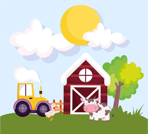 Farma zvířata stodola traktor kráva a husa tráva karikatura — Stockový vektor