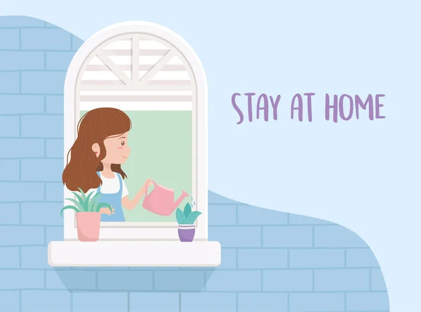 Tinggal di karantina rumah, wanita di jendela dengan kaleng air dan tanaman - Stok Vektor