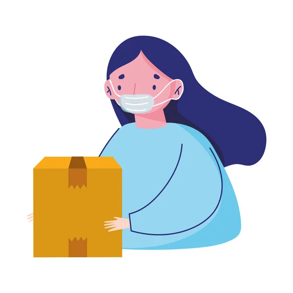 Femme avec et boîte de livraison prévention commerce électronique achats en ligne covid 19 coronavirus — Image vectorielle