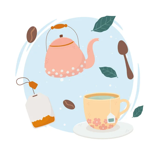 Coffee time, teapot teacup tea bag spoon fresh beverage — Stock Vector