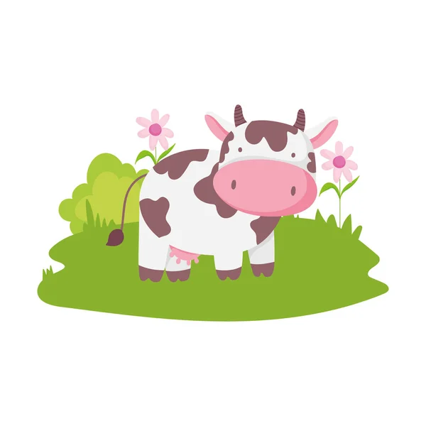 Αγελάδα λουλούδια χόρτο αγρόκτημα ζώων κινουμένων σχεδίων απομονωμένη εικόνα σε λευκό φόντο — Διανυσματικό Αρχείο