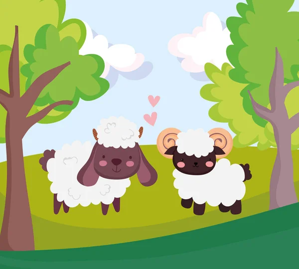 Animales de granja ovejas y cabras amor corazones hierba árbol dibujos animados — Archivo Imágenes Vectoriales