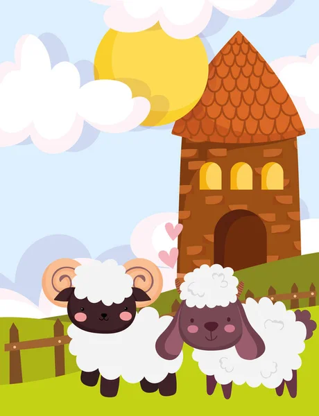 Animales de granja cabra y oveja granero cerca hierba de dibujos animados — Vector de stock