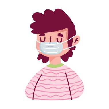 Genç adam karakteri karikatür tıbbi maske covid 19 koruma ikonu