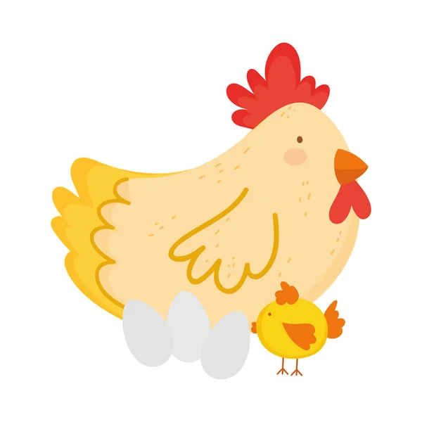 Hen chicken and eggs farm animal isolated icon on white background — Stock Vector