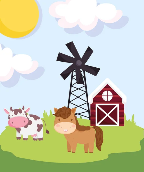 farm animals horse cow barn windmill meadow cartoon