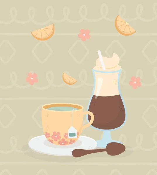 Caffè tempo, caffè tazza di tè moka cucchiaio bevanda fresca — Vettoriale Stock