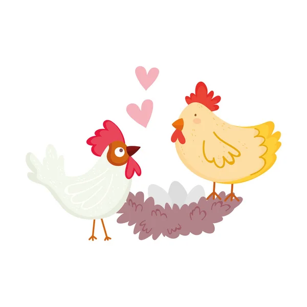 Farm animals rooster hen and egg in nest cartoon — Stock Vector