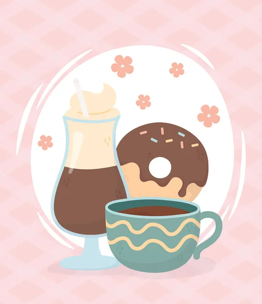 Café, café tasse moka donut boisson fraîche — Image vectorielle