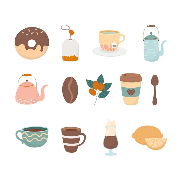 Coffee time, donut tea bag teapot coffee cup spoon lemon fresh beverage icons — Stock Vector