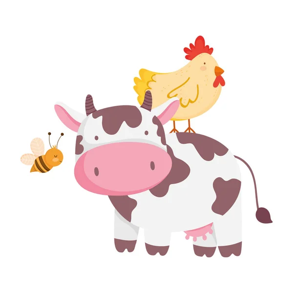 Farma zvířata krávy slepice a létající včely kreslené — Stockový vektor
