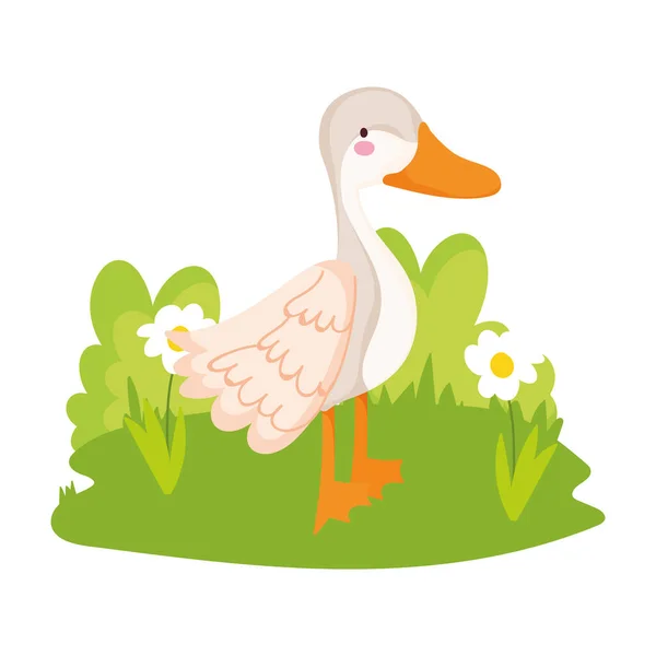 Goose with flowers in grass farm animal cartoon — Stock Vector