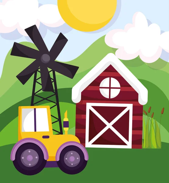 Animaux de ferme tracteur grange moulin à vent champ dessin animé — Image vectorielle