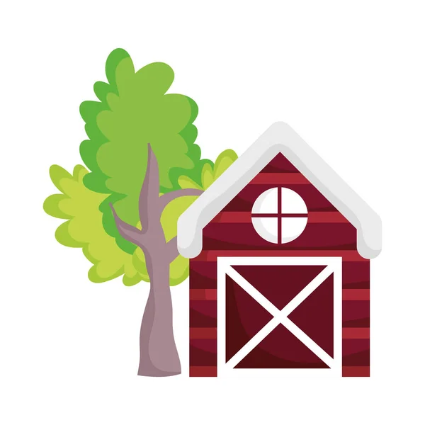 Animaux de ferme grange en bois arbre dessin animé icône isolée sur fond blanc — Image vectorielle