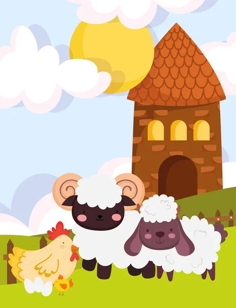 Animales de granja cabra ovejas gallina y huevos casa de dibujos animados — Vector de stock