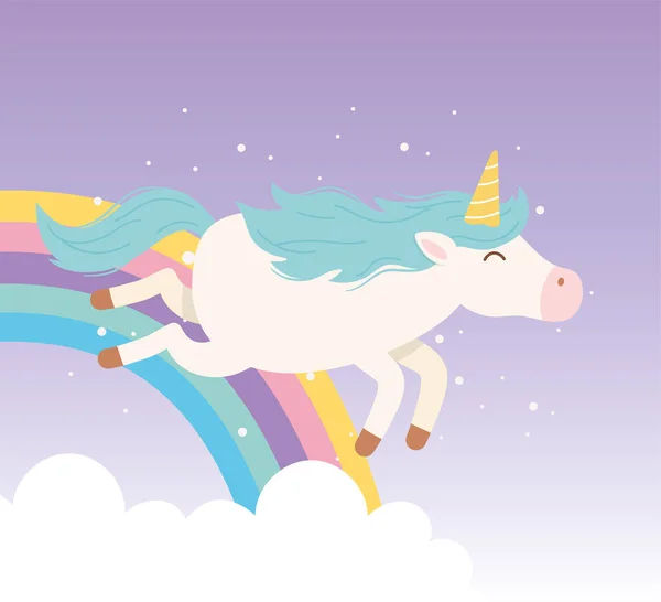 Jednorožec létání duha mraky magické fantazie karikatura roztomilé zvíře — Stockový vektor