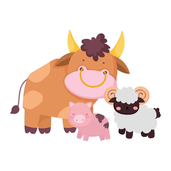 Farma zvířata prase býk a koza karikatura izolované ikony na bílém pozadí — Stockový vektor