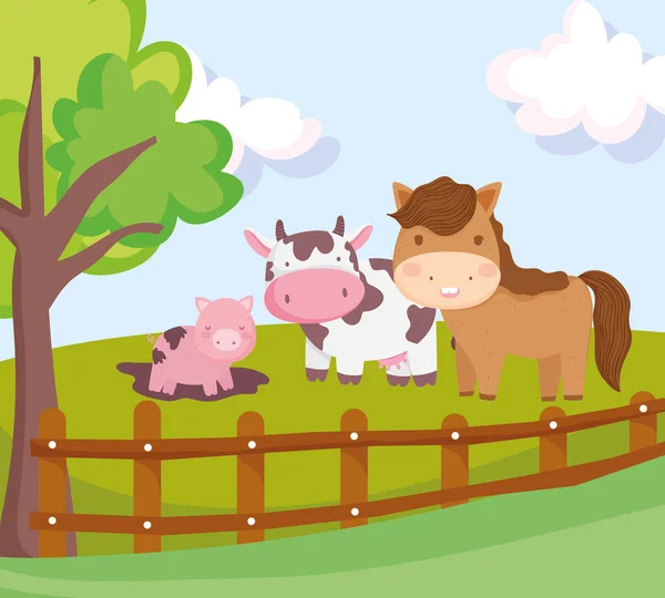 Fazenda animais cavalo vaca e porco na cerca de lama árvore grama desenhos animados — Vetor de Stock