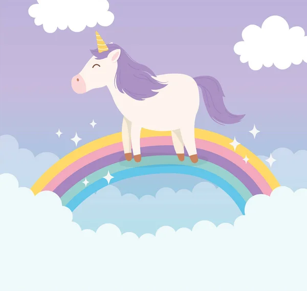 Unicorn awan cerah pelangi langit fantasi magis kartun hewan lucu - Stok Vektor