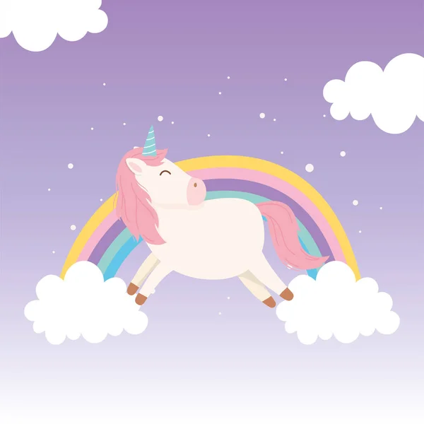 Unicorn rainbow awan mitologi fantasi magis kartun hewan lucu - Stok Vektor