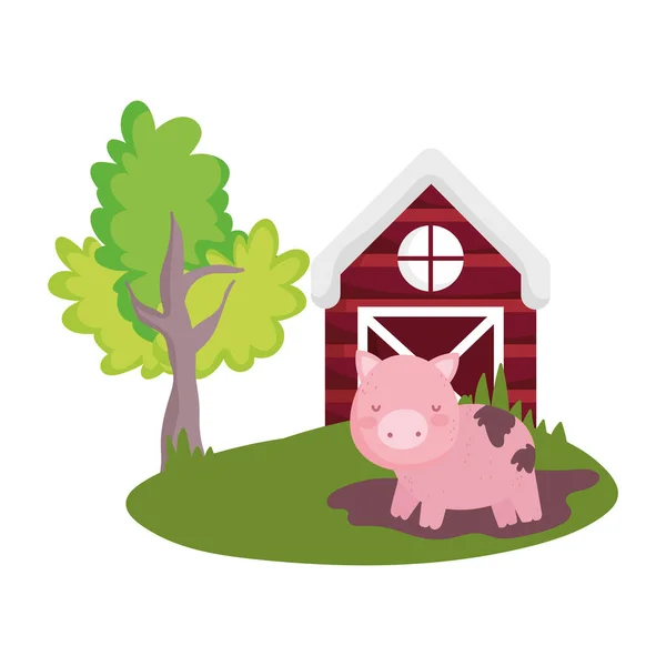 Porc dans l'herbe de boue ferme arbre animal icône isolée sur fond blanc — Image vectorielle