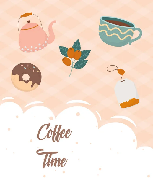 Χρόνος καφέ, ντόνατ τσαγιέρα φλιτζάνι καφέ τσάι σακουλάκι φρέσκο ποτό — Διανυσματικό Αρχείο