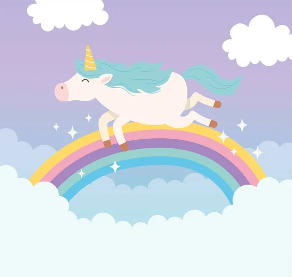 Unicorn terbang awan pelangi fantasi magis kartun hewan lucu - Stok Vektor