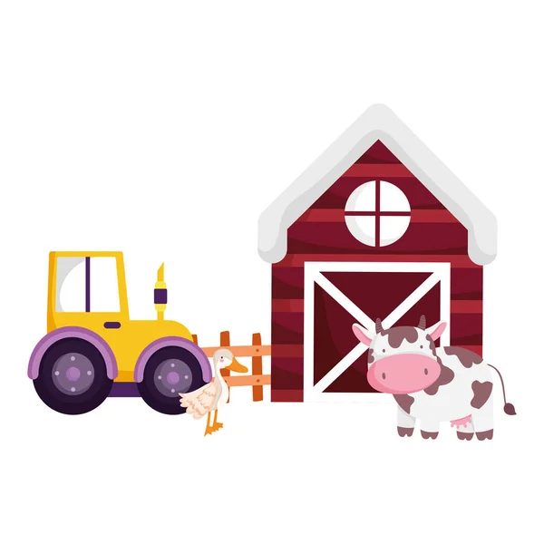 Farm animals barn tractor cow and goose cartoon — Stock Vector